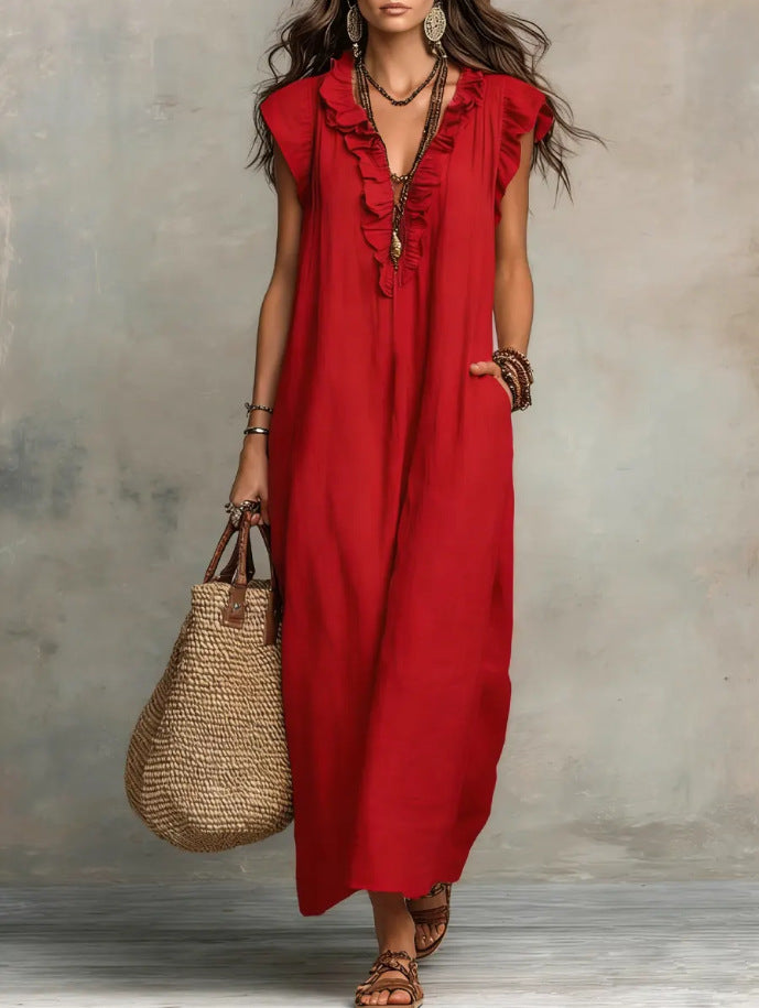 Boho Ruffle V-Neck Sleeveless Linen Maxi Dress with Pockets