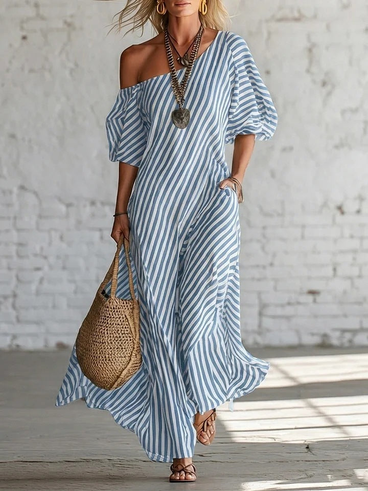 Stripe Off The Shoulder Maxi Dress