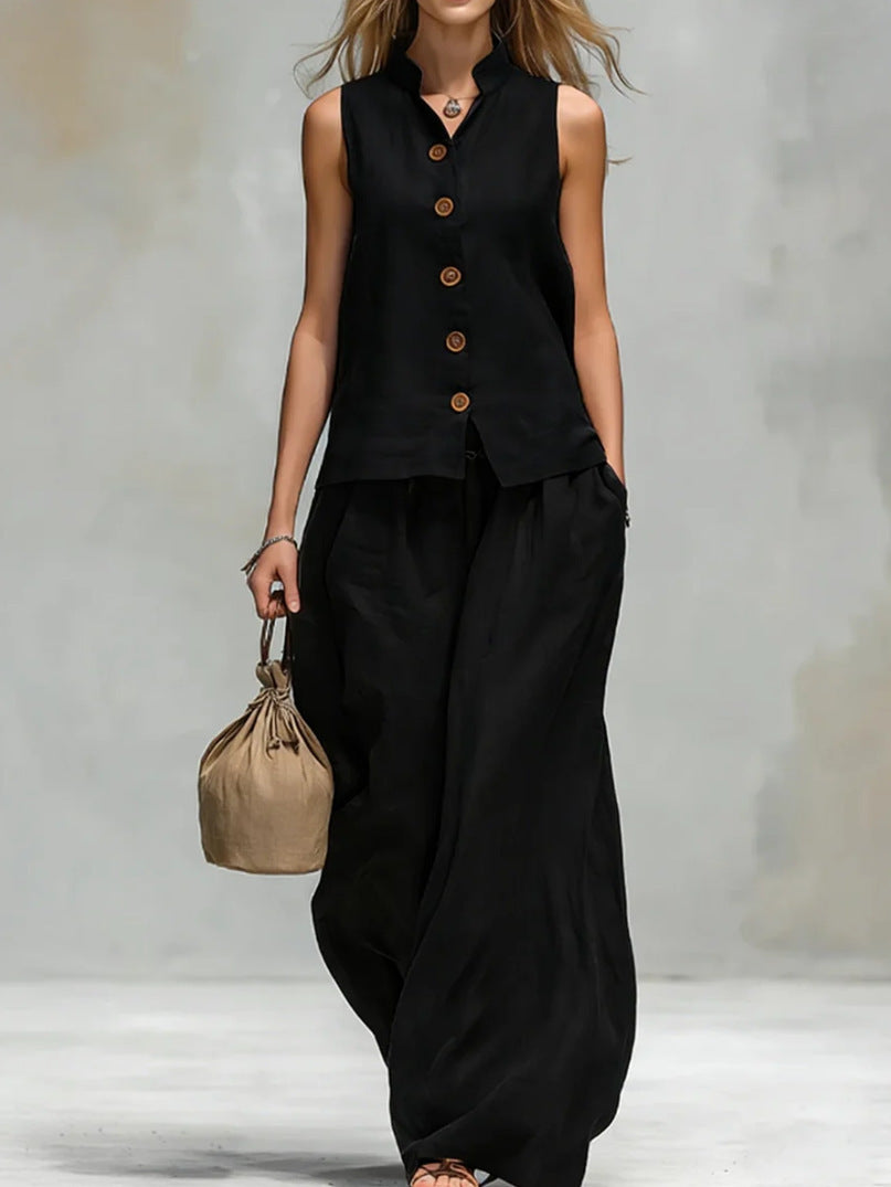 Casual Button-down Vest And Pocket Trousers Set