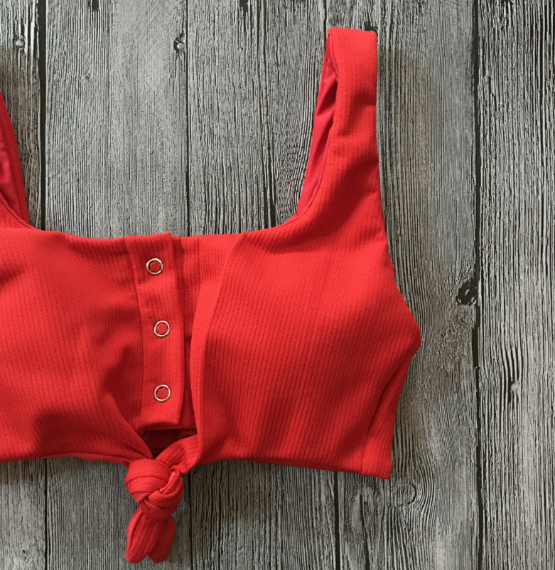 Solid Color Front Buttons Bikini Set