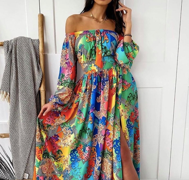 Boho Off The Shouder Slit Maxi Dress
