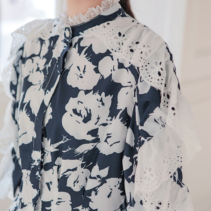 Floral Lace Splicing High Low Blouse
