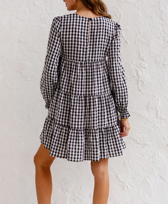 Checked Print Long Sleeve Dress