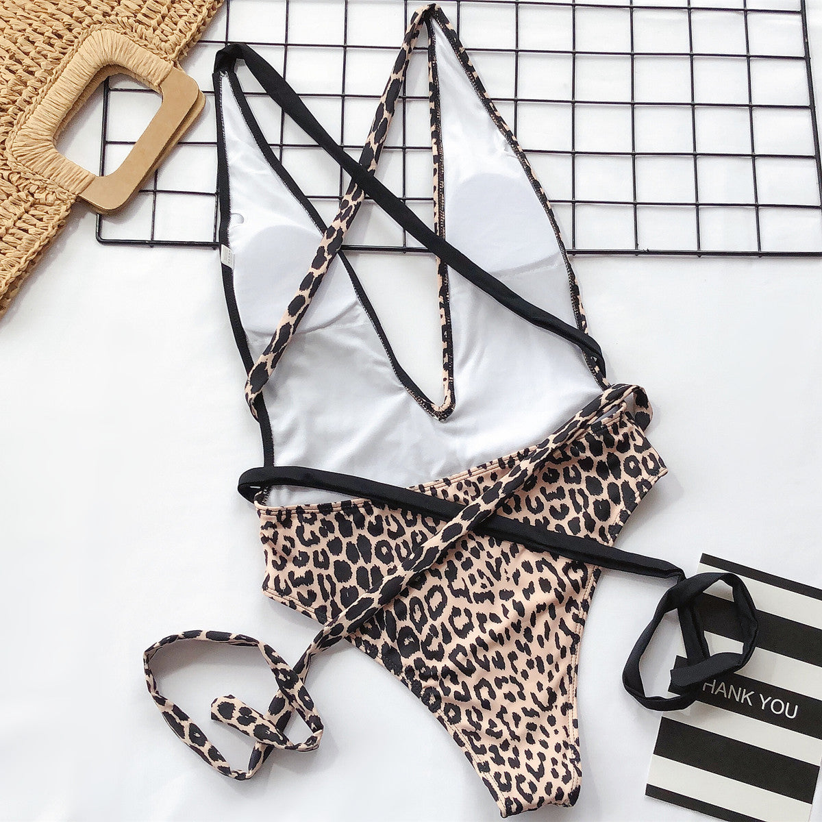 Leopard Print Splicing Deep V Neck Swimsuit