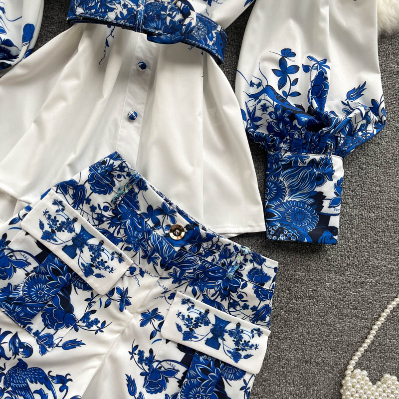 Blue And White Porcelain Blouse And Shorts Two Pieces Set