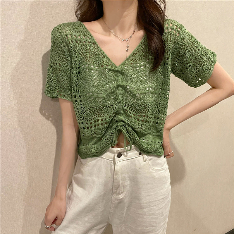 Hollow Out V Neck Knit Top