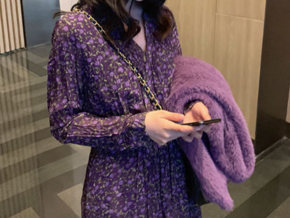 Purple Floral V Neck Dress