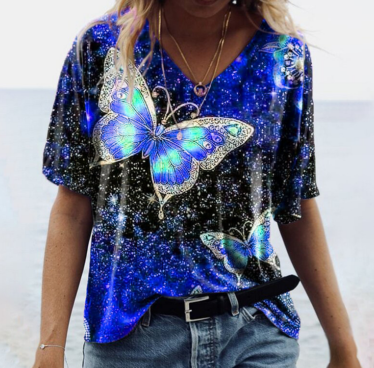 Butterfly Pattern V Neck T Shirt