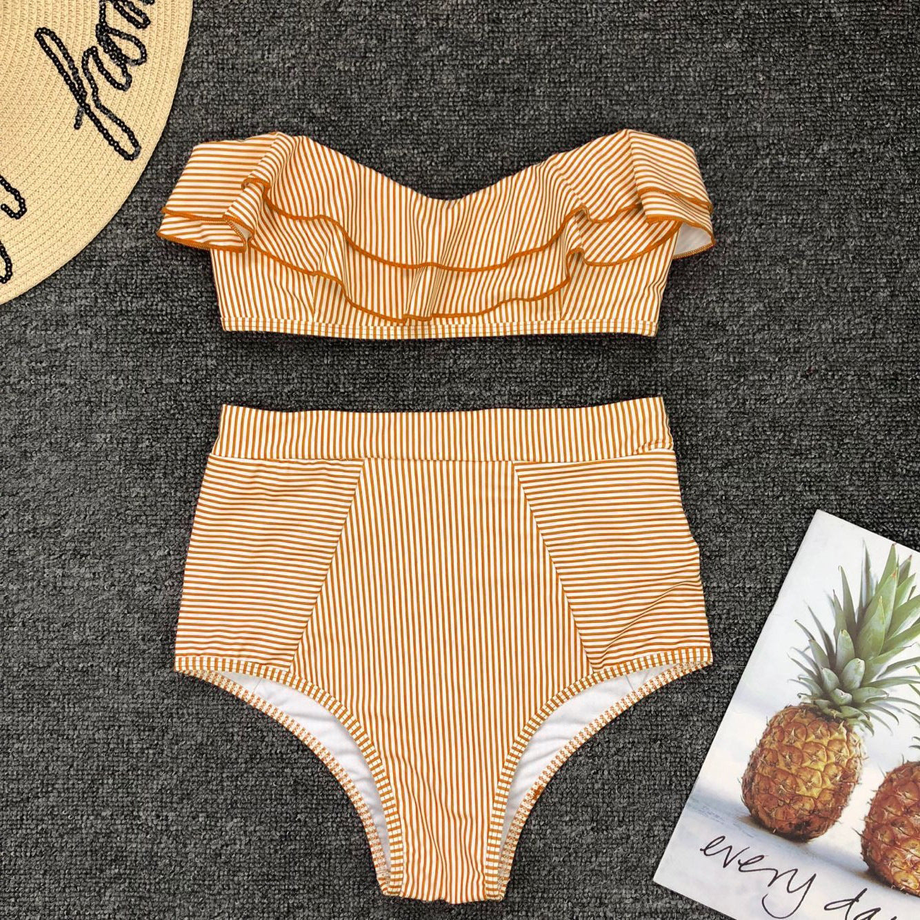 Stripe Falbala High Waist Bikini Set
