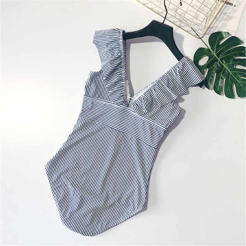 V Neck Stripe One Piece Swimsuit