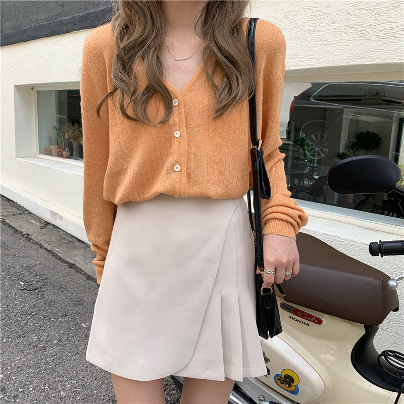 V Neck Front Buttons Knit Top