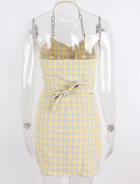 Halter Neck Checked Two Pieces Dress