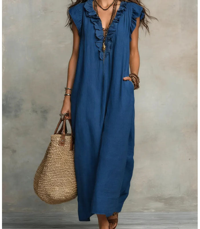 Boho Ruffle V-Neck Sleeveless Linen Maxi Dress with Pockets