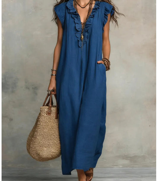 Boho Ruffle V-Neck Sleeveless Linen Maxi Dress with Pockets