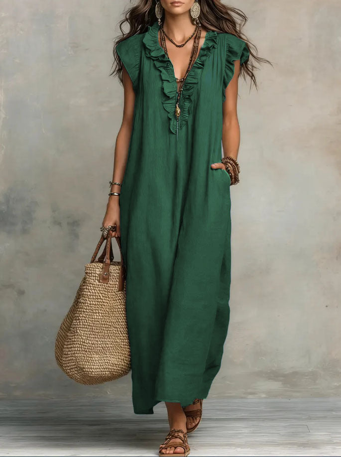 Boho Ruffle V-Neck Sleeveless Linen Maxi Dress with Pockets