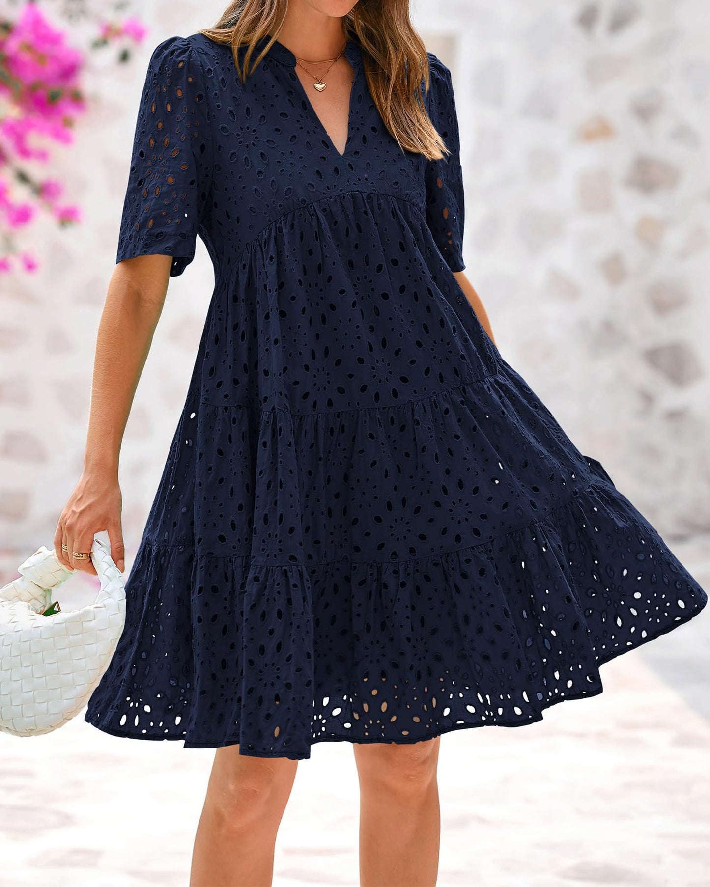 V-neck Hollowed-out Lace Dress