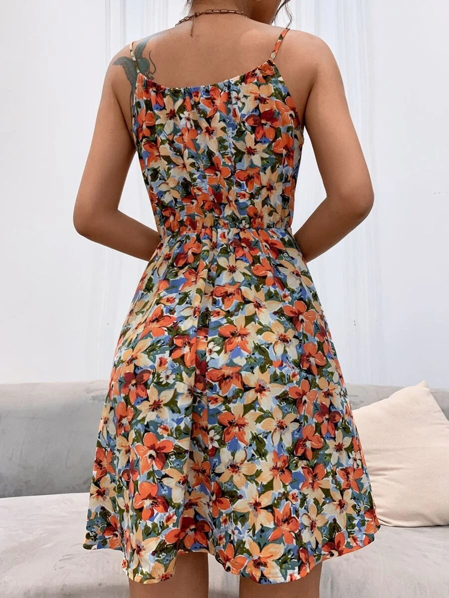Shoulder Straps Printed Elastic Waist Suspender Mini Dress For Women
