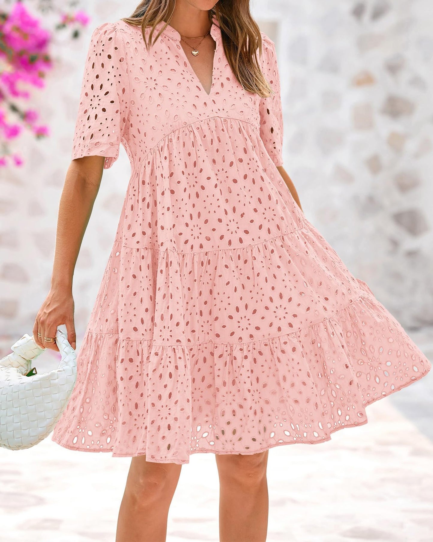 V-neck Hollowed-out Lace Dress