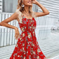 Shoulder Straps Printed Elastic Waist Suspender Mini Dress For Women
