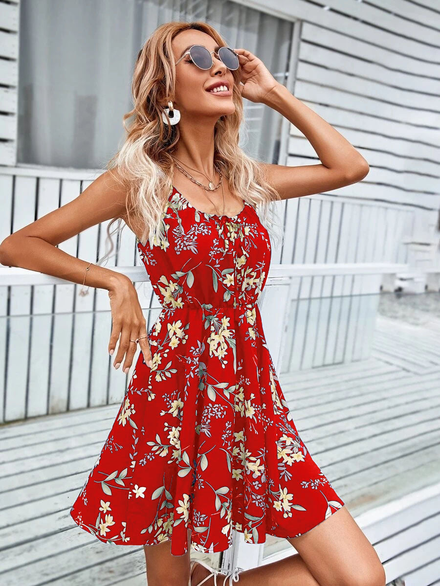 Shoulder Straps Printed Elastic Waist Suspender Mini Dress For Women