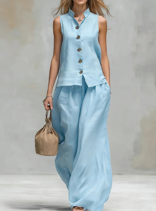 Casual Button-down Vest And Pocket Trousers Set
