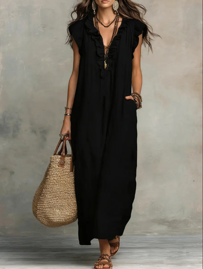 Boho Ruffle V-Neck Sleeveless Linen Maxi Dress with Pockets