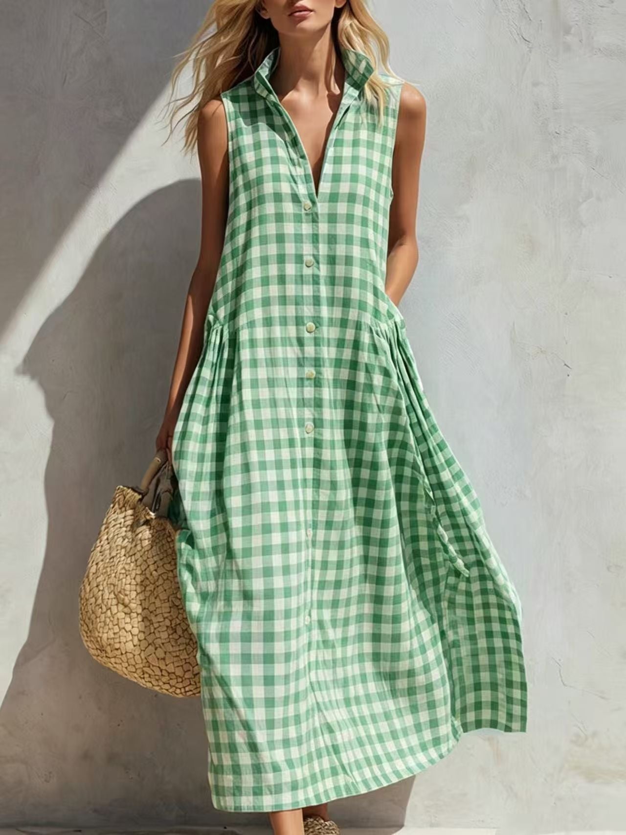 Sleeveless Front Buttons Maxi Dress