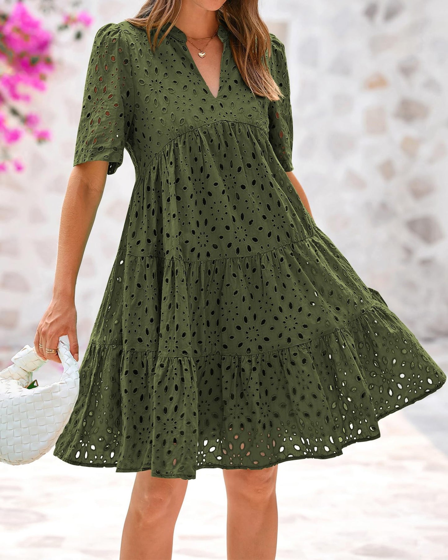 V-neck Hollowed-out Lace Dress