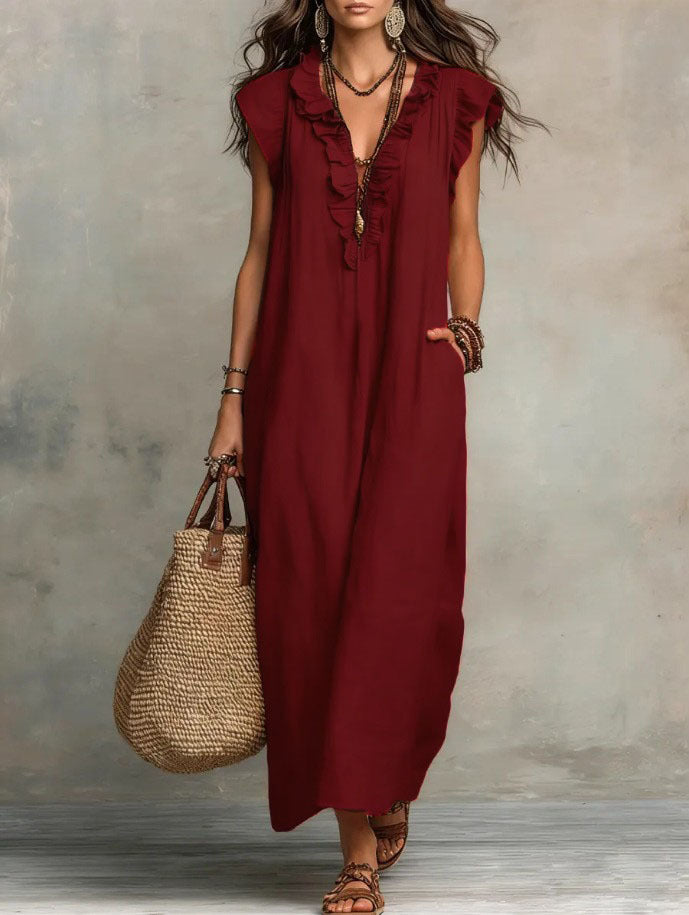 Boho Ruffle V-Neck Sleeveless Linen Maxi Dress with Pockets