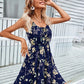 Shoulder Straps Printed Elastic Waist Suspender Mini Dress For Women
