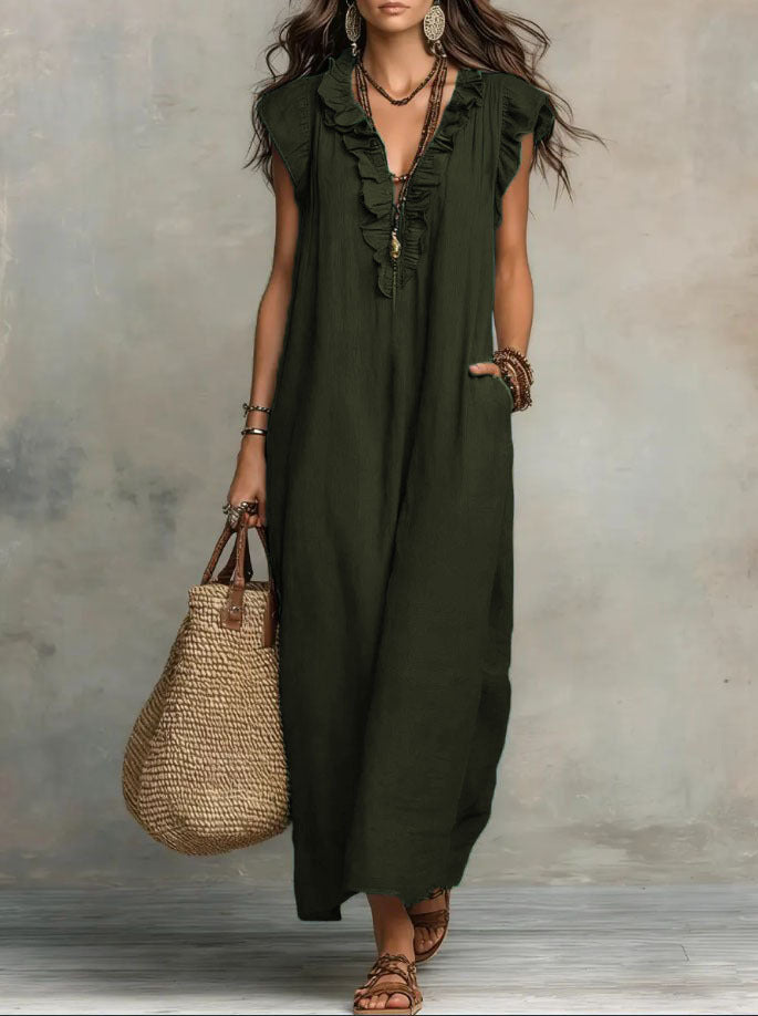 Boho Ruffle V-Neck Sleeveless Linen Maxi Dress with Pockets