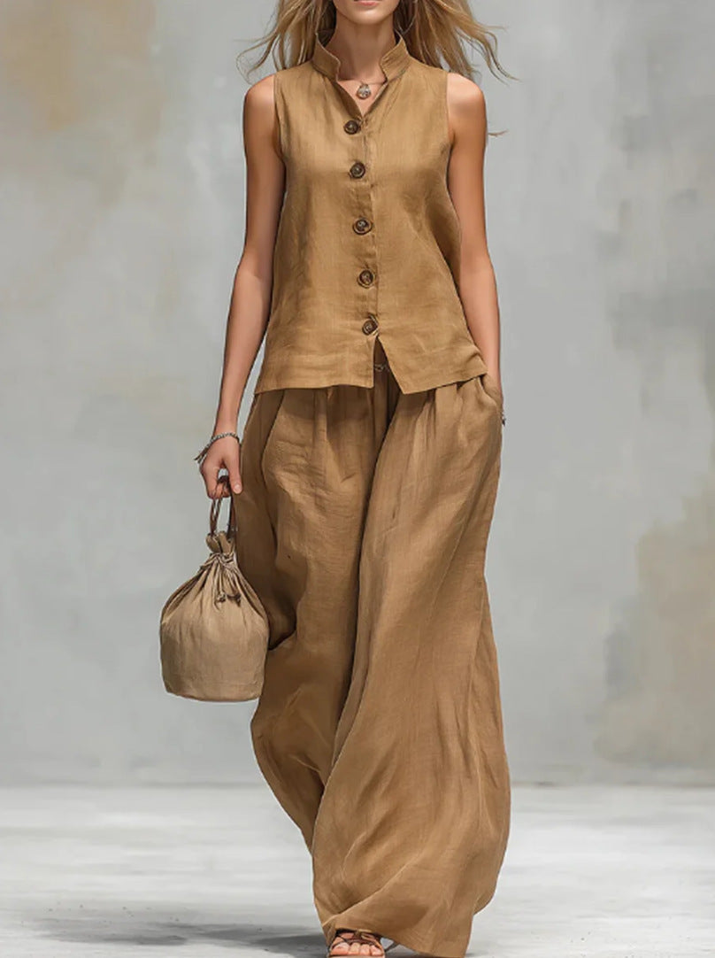 Casual Button-down Vest And Pocket Trousers Set