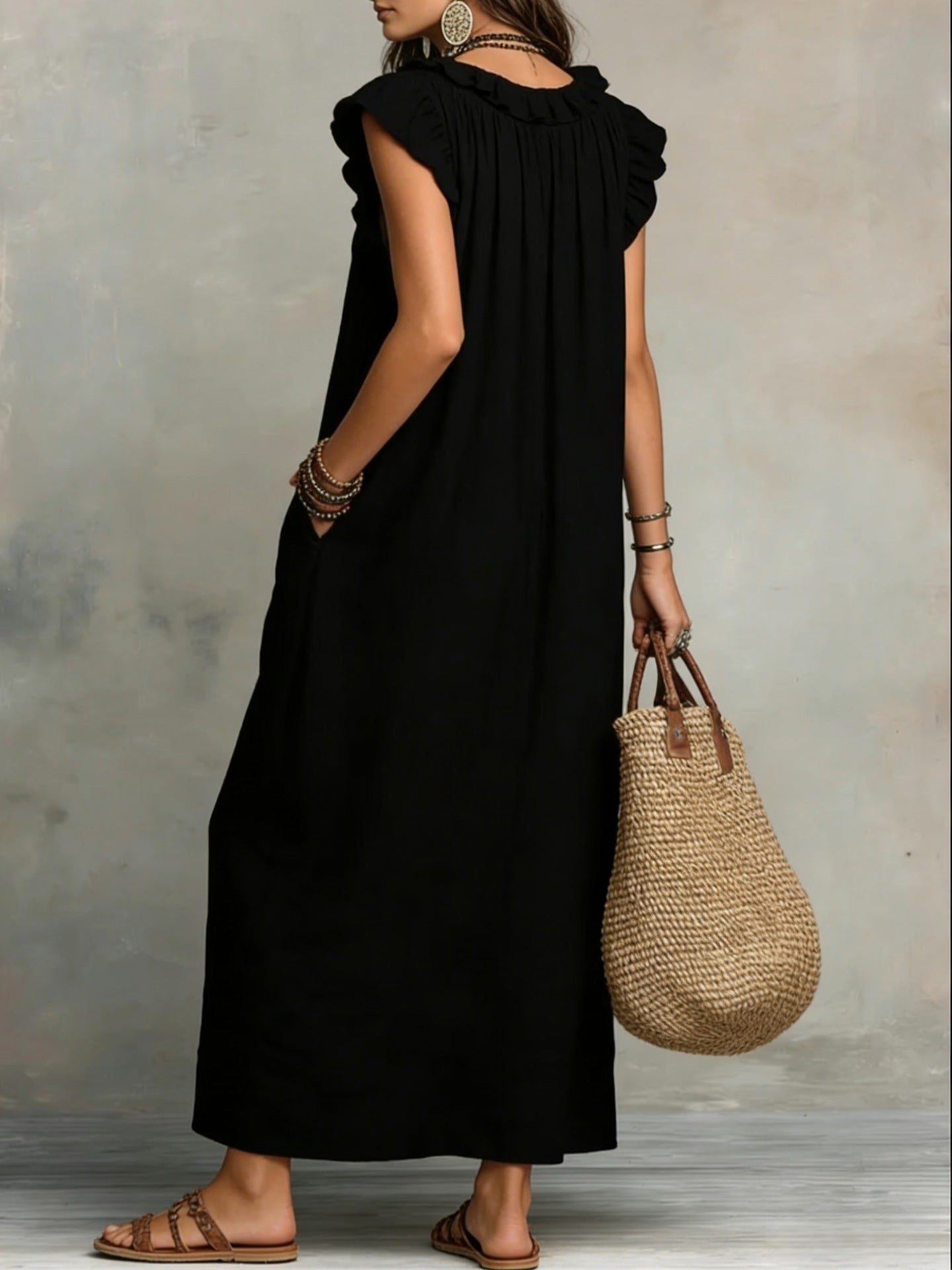 Boho Ruffle V-Neck Sleeveless Linen Maxi Dress with Pockets