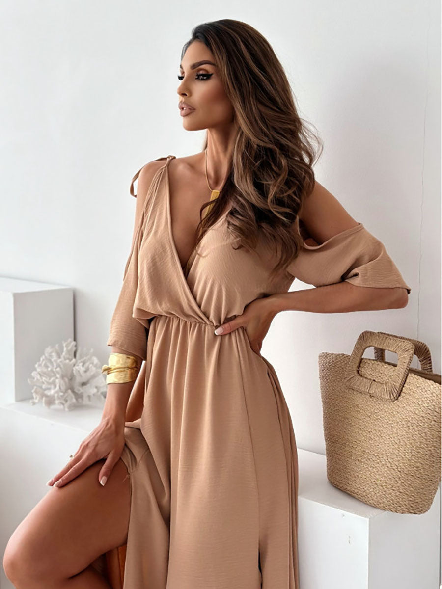 Off-shoulder Sexy Deep V-neck Slit Maxi Dress