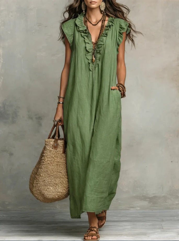 Boho Ruffle V-Neck Sleeveless Linen Maxi Dress with Pockets