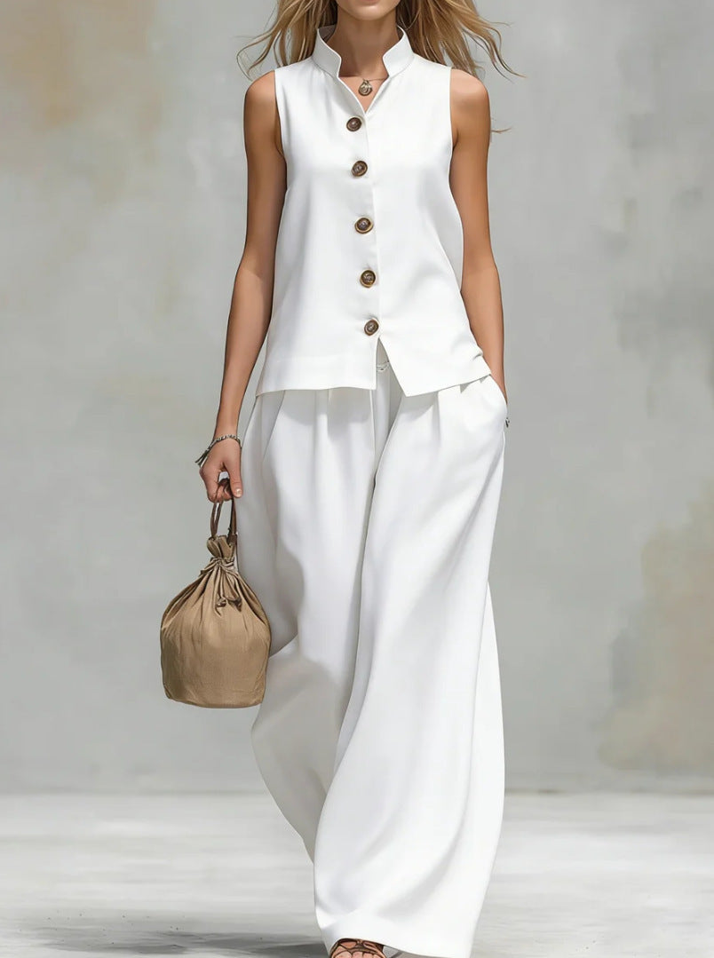 Casual Button-down Vest And Pocket Trousers Set