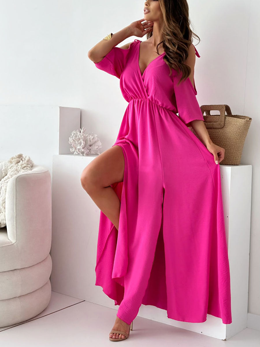 Off-shoulder Sexy Deep V-neck Slit Maxi Dress