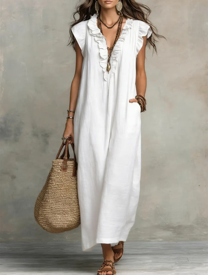 Boho Ruffle V-Neck Sleeveless Linen Maxi Dress with Pockets