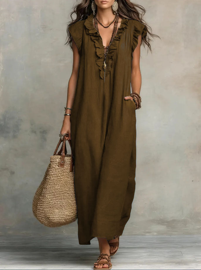 Boho Ruffle V-Neck Sleeveless Linen Maxi Dress with Pockets