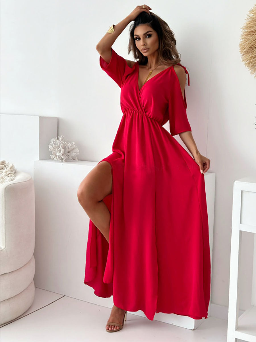 Off-shoulder Sexy Deep V-neck Slit Maxi Dress