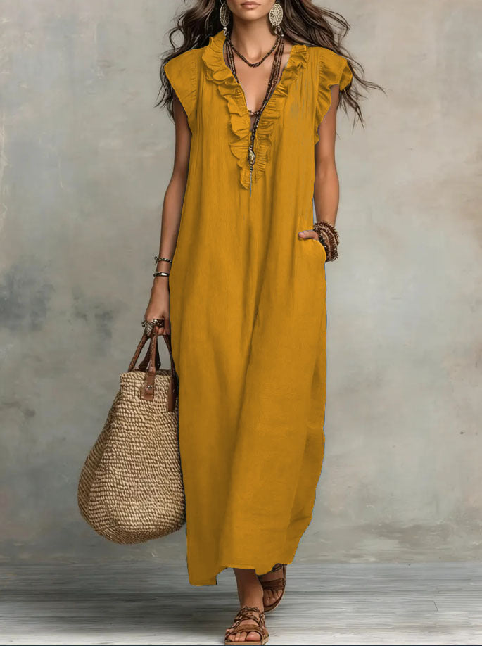 Boho Ruffle V-Neck Sleeveless Linen Maxi Dress with Pockets