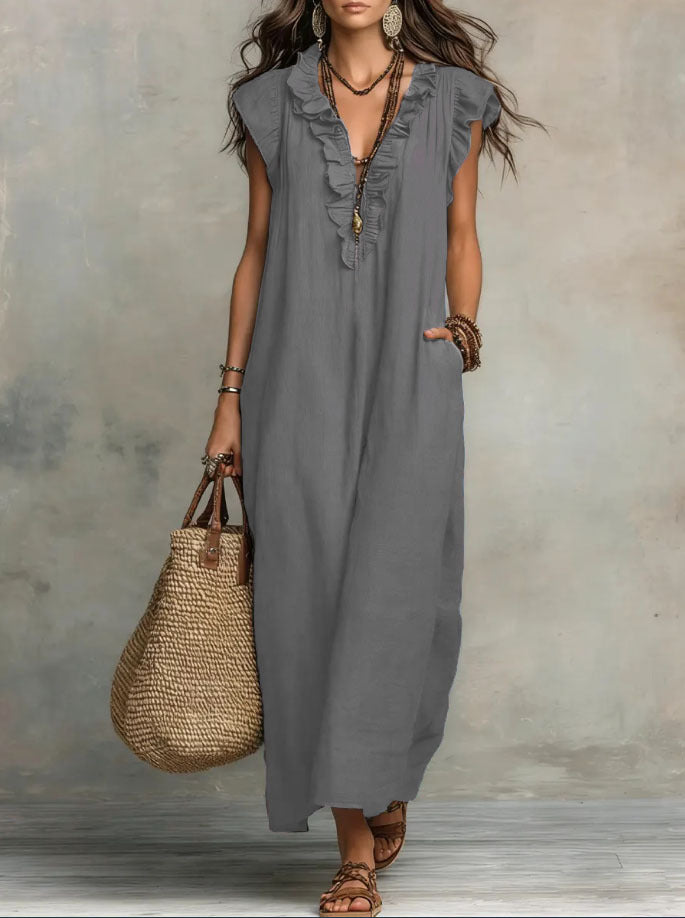 Boho Ruffle V-Neck Sleeveless Linen Maxi Dress with Pockets