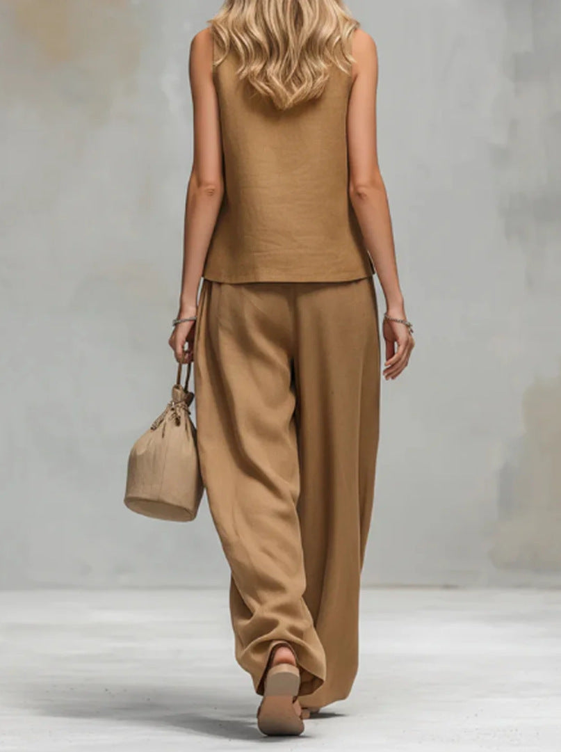 Casual Button-down Vest And Pocket Trousers Set