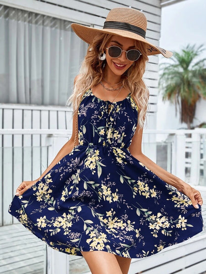 Shoulder Straps Printed Elastic Waist Suspender Mini Dress For Women