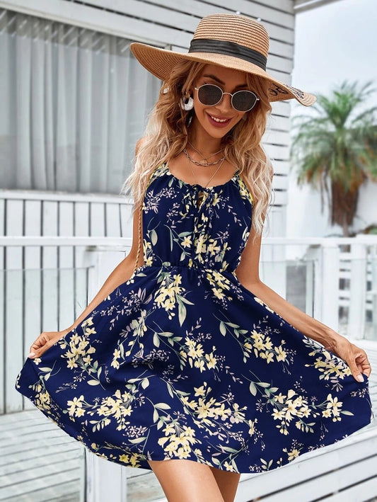 Shoulder Straps Printed Elastic Waist Suspender Mini Dress For Women