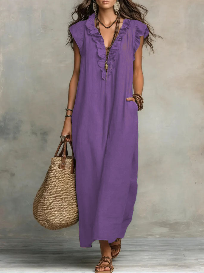 Boho Ruffle V-Neck Sleeveless Linen Maxi Dress with Pockets