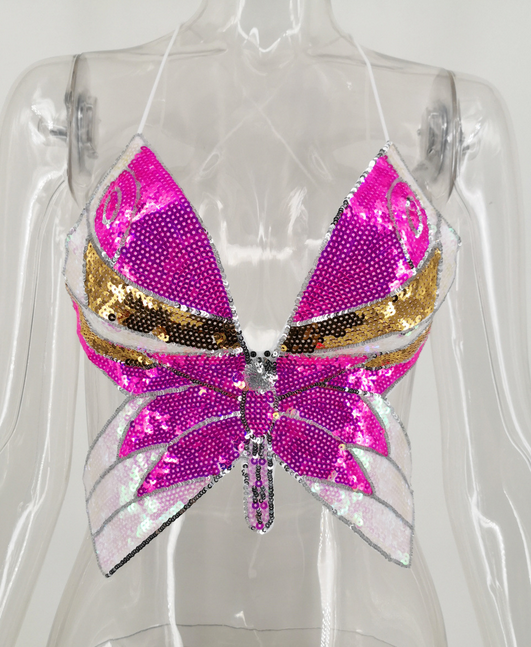 Butterfly Sequins Backless Top
