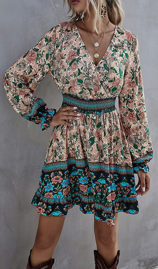Long Sleeve Floral V Neck Dress