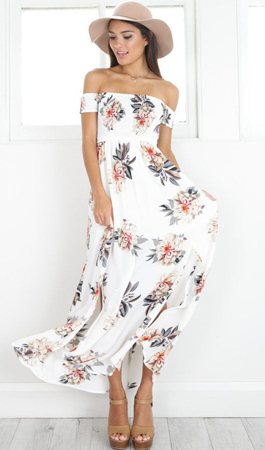 Floral Off The Shoulder  Slit Maxi Dress, dress, VIVIMARKS