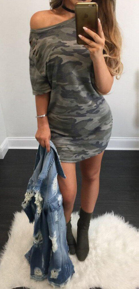 Camouflage Short Sleeve Dress, dress, VIVIMARKS
